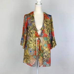 Cabi Kimono Top Tie 3/4 Bell Sleeve Sheer Orange